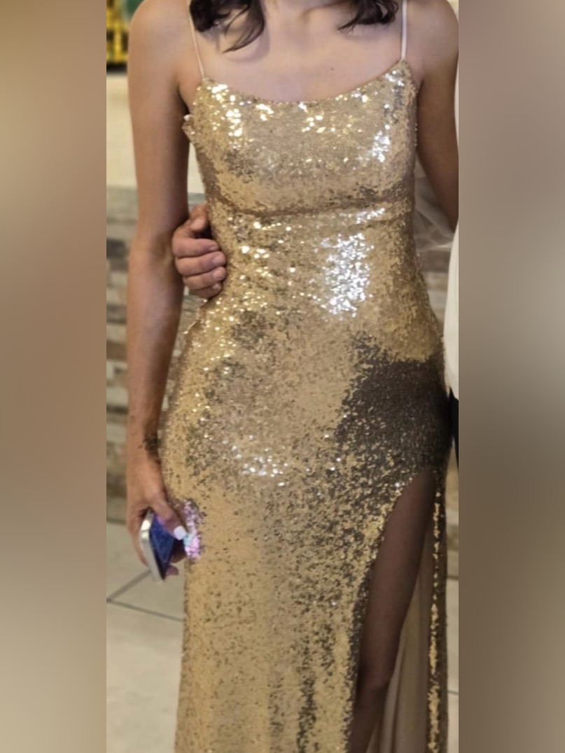 Gold Sequin Split-Hem Evening Dress